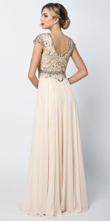 Juliet 657 Cap Sleeves Beaded Bodice A-line Long Dress