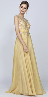 Juliet 552 Long Jewel Neckline Studded Bodice A-Line Gown