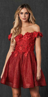 Juliet 861 Floral Embroidered Glitter Mesh Short A-Line Dress