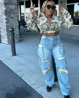 BWQ Washed Denim Women's Set Full Sleeve Floral Jacket and Pockets Cargo Jeans Pants Suit 2025 Street Two 2 Piece Set Outfit