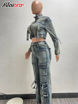 Mlaiscsr Vintage Stretch Denim 2 Piece Pants Sets Women Zip Slim Jackets and Pocket Cargo Jeans Outfit Streetwear Winter Suits - treasures-4-u-2-day