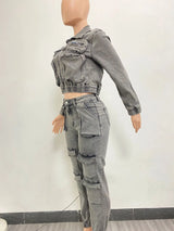 Pant Sets Long Sleeve Women Tracksuit Zipper Denim Coat Cargo Ankle Length Pants Pockets High Street Spliced Slim 2024 - treasures-4-u-2-day