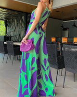 Green Printing Casual Lace Up Jumpsuit