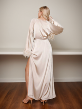 Luxury Feather-Trimmed Satin Robe - Elegant Full-Length Lounge & Bridal Wear