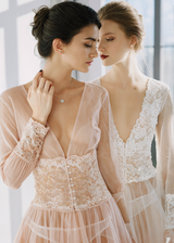Luxury Peach Pink Sheer Lace Corset Robe Dress | Long Sleeve Bridal Boudoir Gown with Tulle Skirt