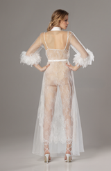 Luxury White Turkey Feather Lace Sheer Robe Dress Set | Bridal Getting Ready Gown