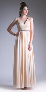 Cinderella Divine 1001 Ruched V-Neck A-line Long Chiffon Dress
