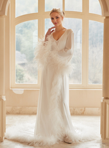 Luxury Thick Ostrich Feather Floor-Length Satin Robe with Train – Elegant Bridal Loungewear