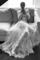 Luxury Long Sleeve Lace Sheer Robe Dress | Bridal Getting Ready & Boudoir Gown