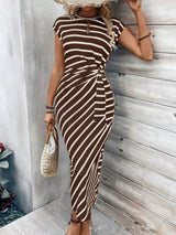 Elegant Waist Strap Striped Round Neck Short Sleeve And Long Pattern Dress