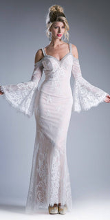 Cinderella Divine 13112 Cold Shoulder Long Sheath Dress Trumpet Bell Sleeves