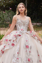 Ladivine 15703 Layered Tulle Quince Ball Gown With Foral Applique