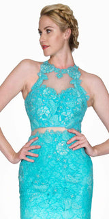 Cinderella Divine 1586 Halter Lace Appliques Mock Two-Piece Gown