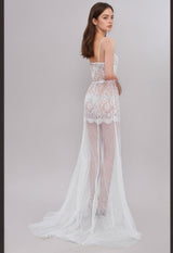 Ethereal Lace Sheer Long Robe with Flowing Train – Elegant Bridal Boudoir Gown