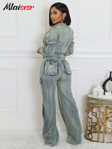 Mlaiscsr Vintage Stretch Denim 2 Piece Pants Sets Women Zip Slim Jackets and Pocket Cargo Jeans Outfit Streetwear Winter Suits - treasures-4-u-2-day