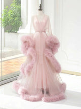 Elegant 1-Layer Thick Turkey Feather Fringe Hem Long Tulle Robe with Nightgown