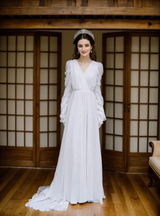 Timeless Chiffon Long Sleeve Wedding Gown with Draped Sleeves and Deep V Back