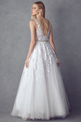Juliet 224 V-Neck and Back Embroidered Tulle A-Line Ball Gown
