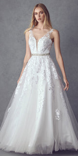 Juliet 224 V-Neck and Back Embroidered Tulle A-Line Ball Gown