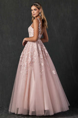 Juliet 224 V-Neck and Back Embroidered Tulle A-Line Ball Gown