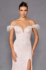 Juliet 2402 Glitter Leaf Sequin Gown with Feathered Sleeves and Slit