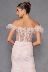 Juliet 2402 Glitter Leaf Sequin Gown with Feathered Sleeves and Slit