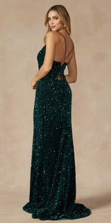 Juliet 2406 Velvet Sequin Fitted Gown V-Neckline Lace Up Back