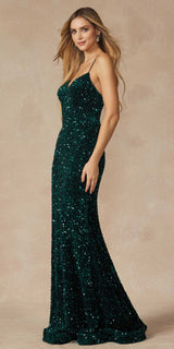 Juliet 2406 Velvet Sequin Fitted Gown V-Neckline Lace Up Back