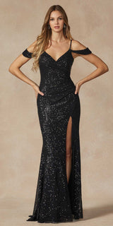 Juliet 2410 Long Off the Shoulder Sequin Gown with Skirt Slit
