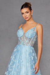 Juliet 2413 Long Butterfly Glitter Embroidered A-Line Gown with Corset Top