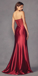Juliet 2416 Floor Length Strapless Sheer Boned Bodice Slit Satin Dress