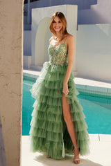 Juliet JT2454K Long Boned Bodice Tiered Layered Sequin Detail A-Line Gown