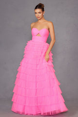 Juliet JT2456H Long Strapless Keyhole Tiered Ruffled Tulle A-Line Gown