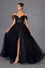 Juliet JT2466A Long Cold Shoulder Sweetheart Corset Bodice A-Line Gown