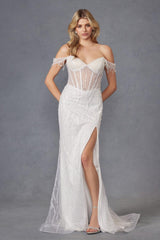 Juliet JT2471LW Long Off the Shoulder Fringe Sleeve Fitted Wedding Gown