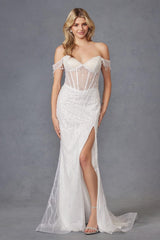 Juliet JT2471LW Long Off the Shoulder Fringe Sleeve Fitted Wedding Gown