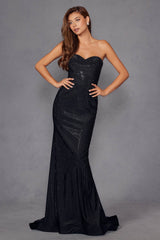 Juliet JT2472R Long Strapless Rhinestone Details Sweetheart Fitted Gown
