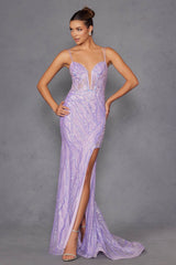 Juliet JT2473R Long Fitted Sequin Lace Applique Boned Corset Gown