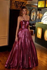 Juliet JT2503A Long Halter A-Line Pleated Metallic Gown