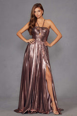 Juliet JT2503A Long Halter A-Line Pleated Metallic Gown