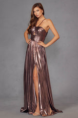 Juliet JT2503A Long Halter A-Line Pleated Metallic Gown