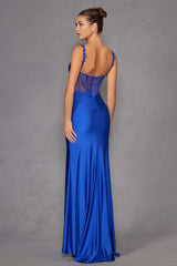 Juliet JT2518i Long Fitted Floral Strap Evening Gown Side Slit