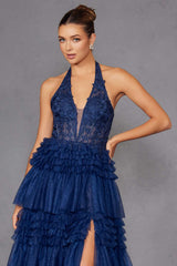 Juliet JT2556S Halter V-Neckline Layered Tulle Slit A-Line Gown