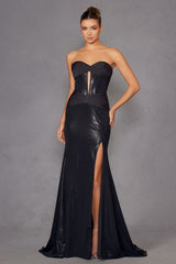 Juliet JT2578H Long Sweetheart Strapless Fitted Metallic Prom Gown