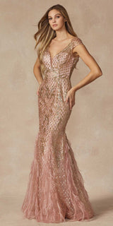 Juliet 286 Floor Length Feather Skirt Embellished Fitted Prom Dress