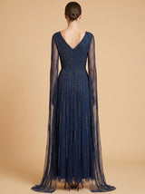 V-Neck Beaded Dress with Long Cape Sleeves | 28835