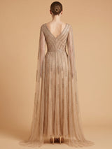 V-Neck Beaded Dress with Long Cape Sleeves | 28835