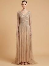 V-Neck Beaded Dress with Long Cape Sleeves | 28835