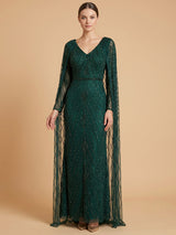V-Neck Beaded Dress with Long Cape | 28839