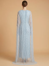 V-Neck Beaded Dress with Long Cape | 28839